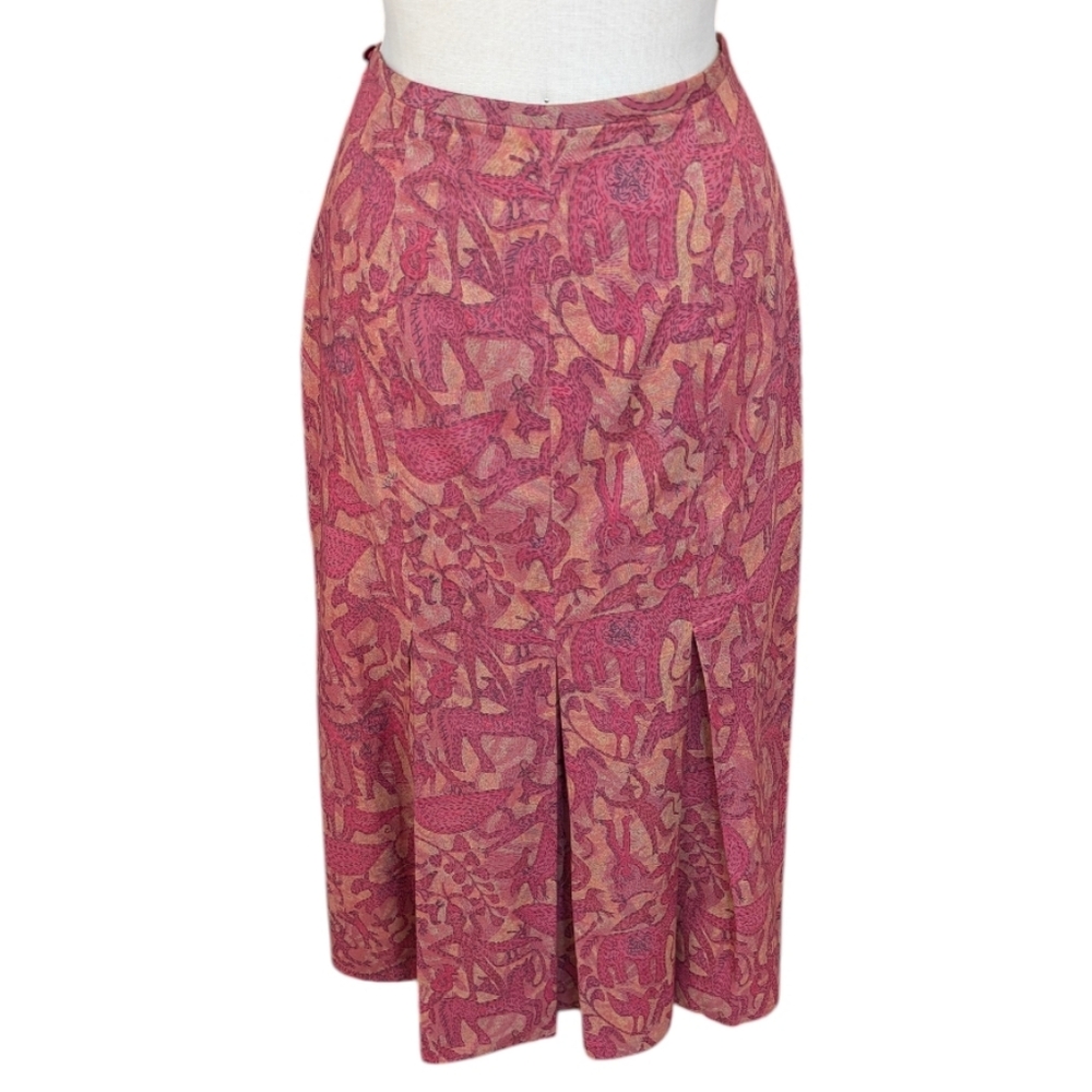 Peruvian Connection dyed abstract art print maxi skirt W pleated back. Size 8